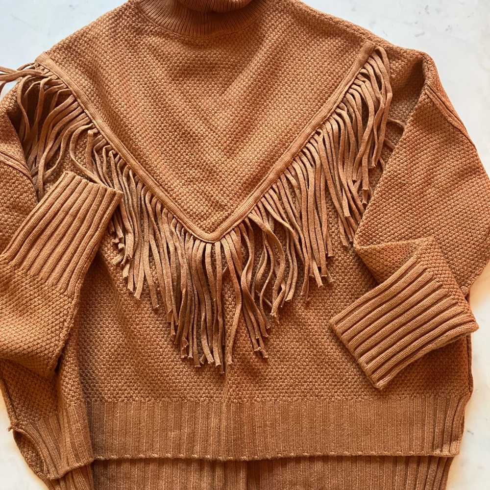 Southwest Style Fringed Turtleneck Knit Sweater